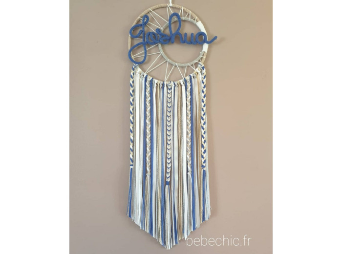 Attrape rêves personnalisé prénom, bleu, gris, lin et blanc