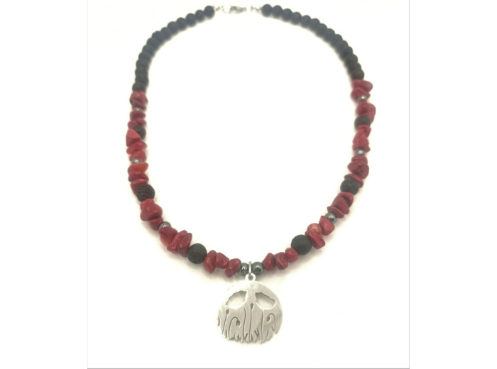 Collier coquelicot corail rouge/pierre de lave/hématite