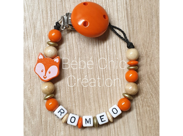 Attache sucette prénom personnalise Renard, Or, bois et orange