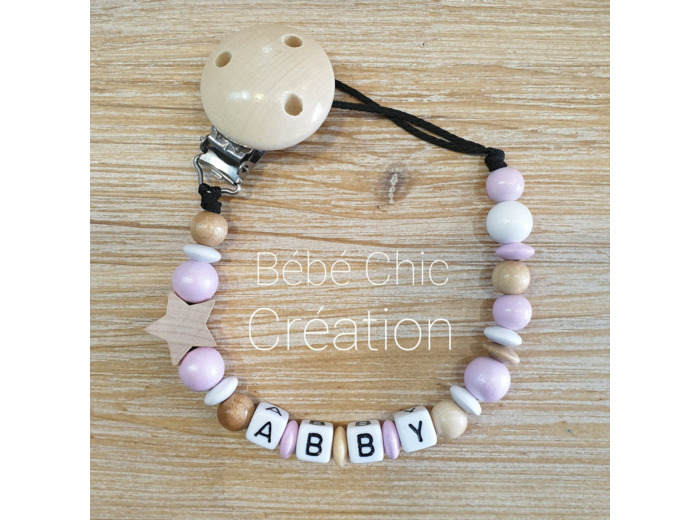 Attache sucette prénom personnalise Rose pâle, bois et blancc