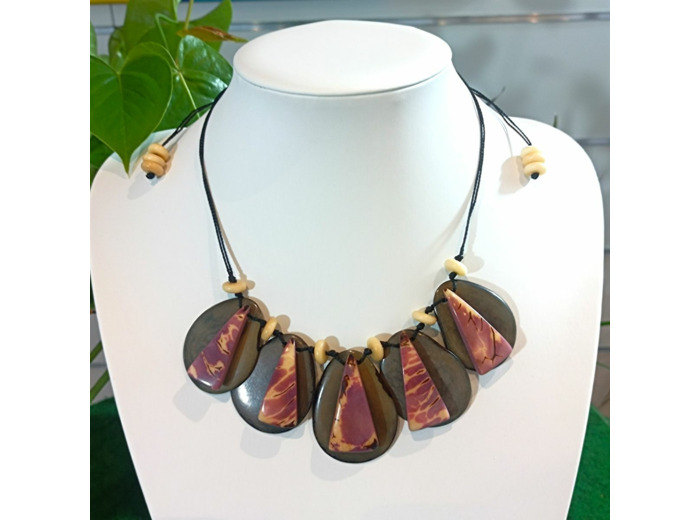 Collier Lisa marron-mauve en ivoire végétal
