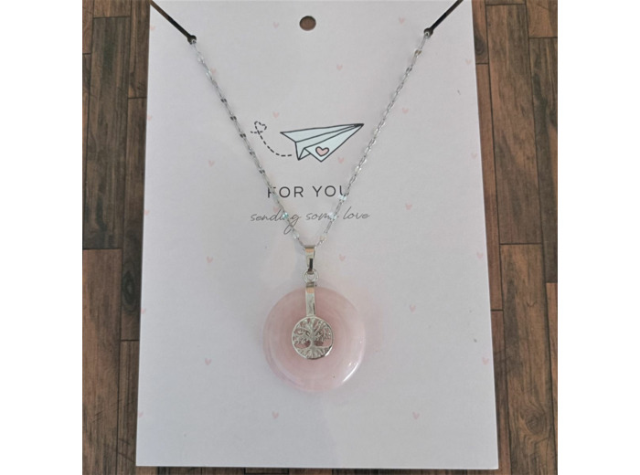 Pendentif quartz rose arbre de vie argenté