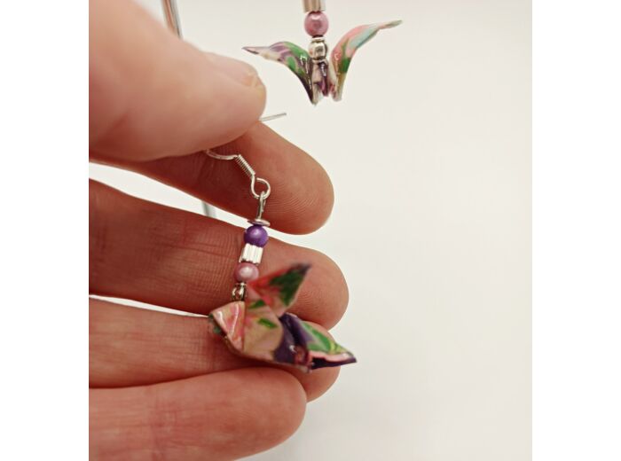 B.O. origami oiseau violet/rose/argenté