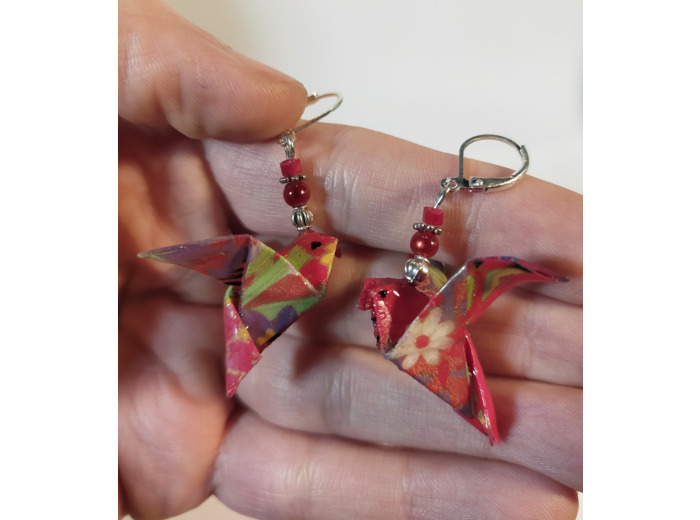B.O. origami oiseaux 2 rouge/argenté