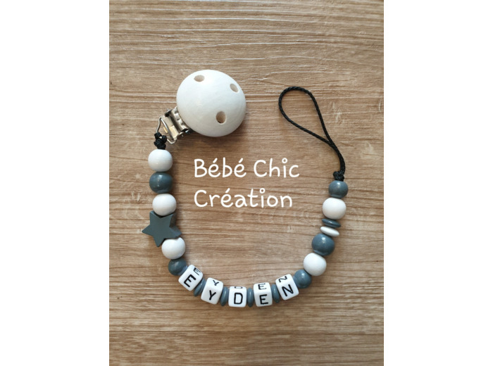 Attache sucette prénom personnalise Anthracite et Blanc