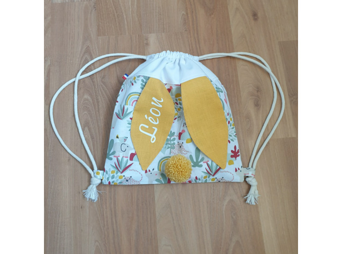 Sac à dos Pochon pour enfant, modèle blanc et jaune, petits arc en ciel éléphant