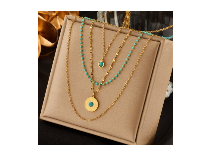 Chaînes multicouches turquoise en bijoux en acier inoxydable doré