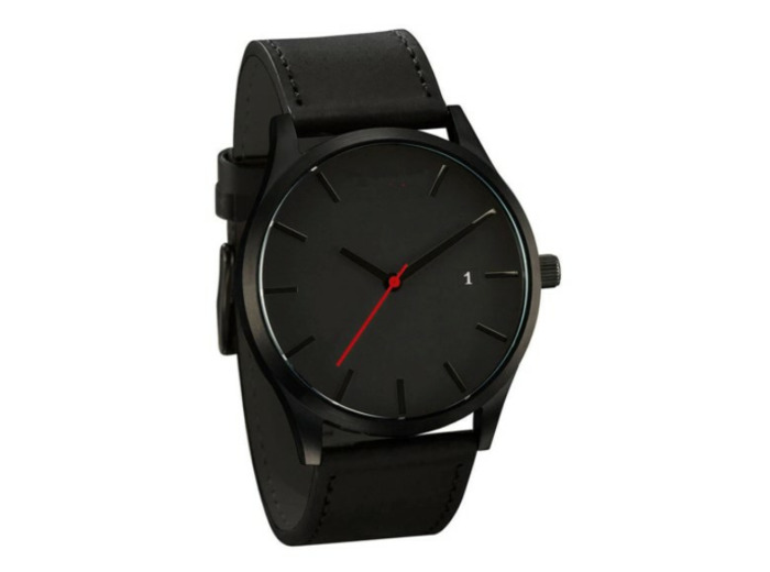 Montre-bracelet en cuir, noir, pour hommes