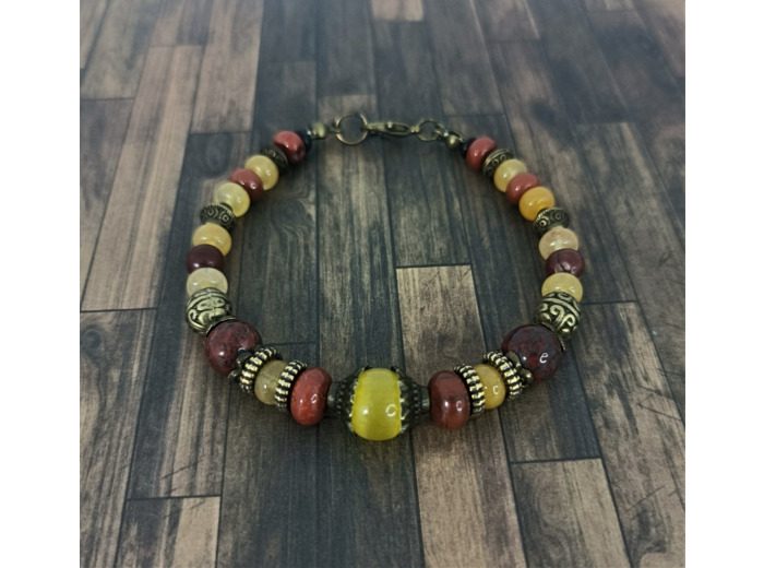 Bracelet œil de chat/agate orange/jaspe rouge et bronze