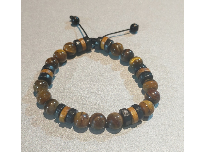 Perles en bois noir/marron + œil de tigre, ajustable