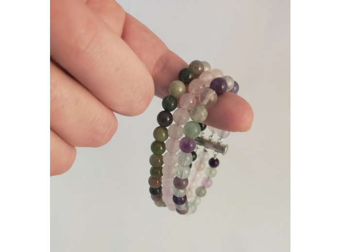 Bracelet triple fluorite/quartz rose/agate indienne
