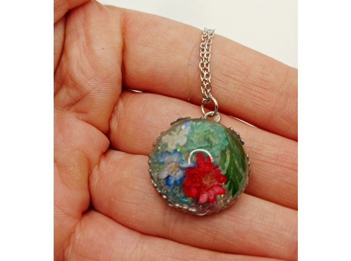 Pendentif résine rond fleurs/argenté #20