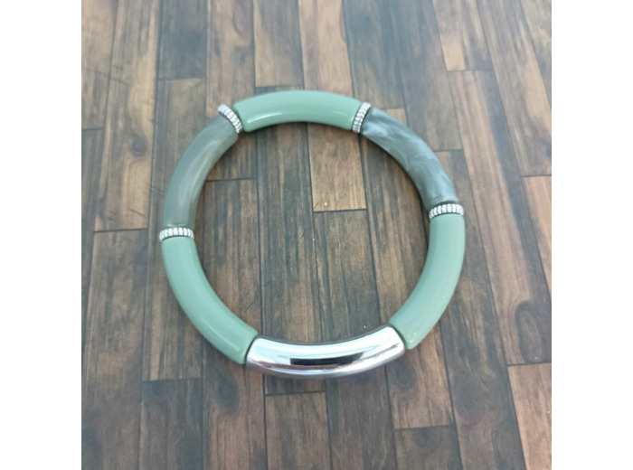 Bracelet tube tons vert olive greige marbré argenté 32mm