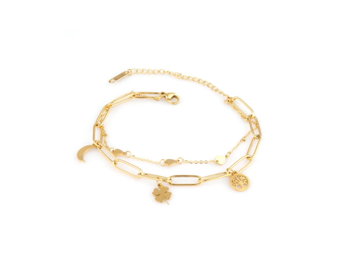 Bracelet double chaîne trèfle/arbre de vie/lune en acier inox doré