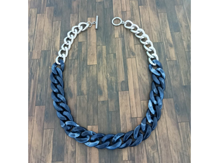 Collier gros maillons bleu marine/argenté
