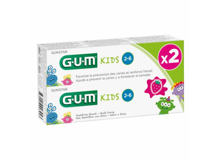 Dentifrice fluore a la Fraise 2x50ml Kids De 2 a 6 ans Gum