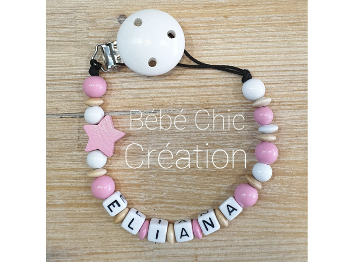 Attache sucette prénom personnalise Rose, Blanc et Bois
