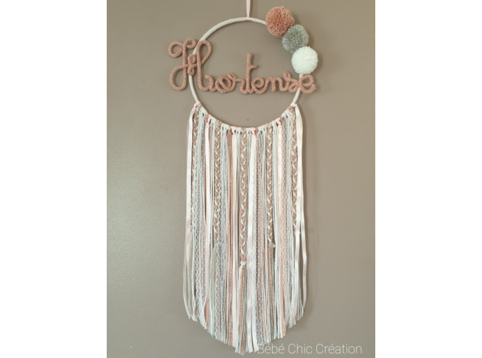 Attrape rêves prénom personnalisable Vieux rose, gris et blanc