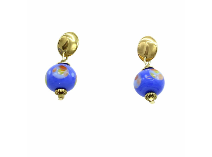 Boucles d'oreilles puce ondulée perle Murano bleue Sillage