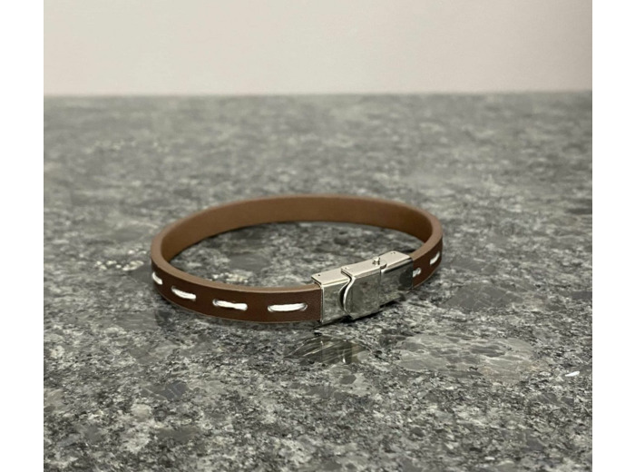 Bracelet cuir Marron fil blanc
