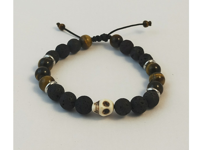 Bracelet ajustable pierre de lave / œil de tigre / tête de mort howlite blanche