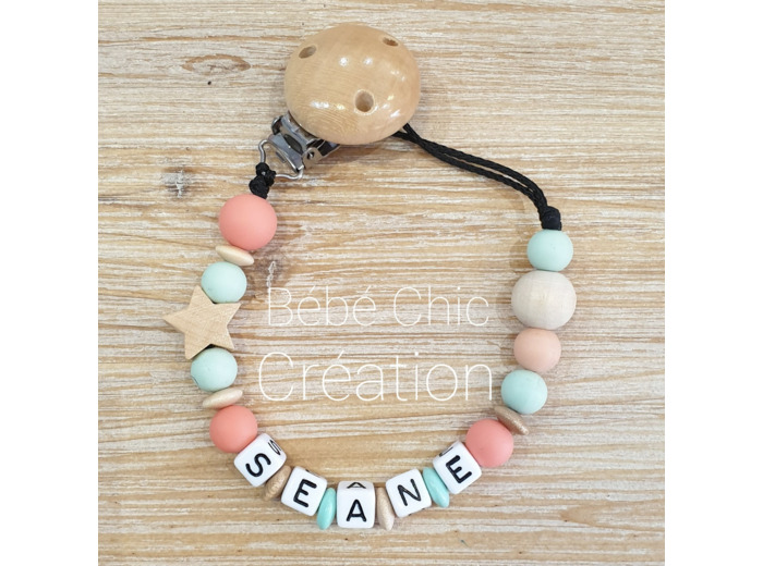 Attache sucette prénom personnalise Silicone et bois, corail et vert d'eau