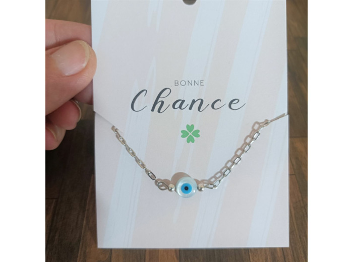 Bracelet carte "Bonne chance" œil rond et acier inoxydable