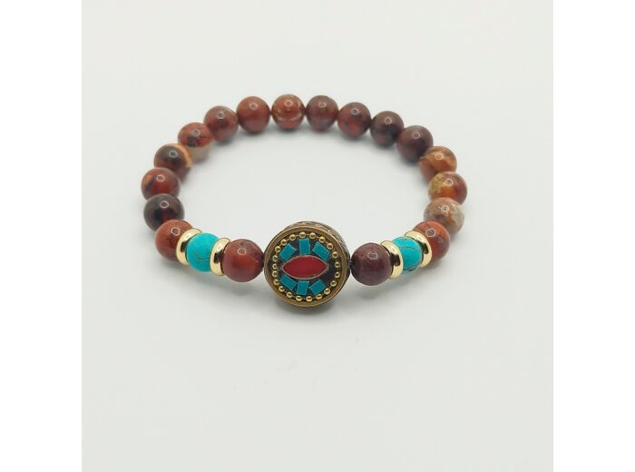 Bracelet jaspe rouge/turquoise, perle tibétaine