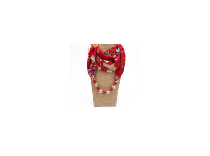 Foulard coton rouge à fleurs collier rouge/argenté
