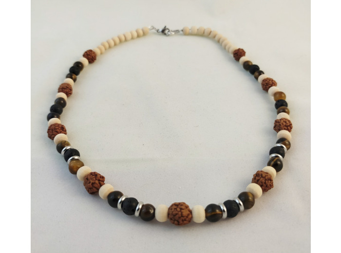 Collier œil de tigre/pierre de lave/perles de noyer/bois naturel