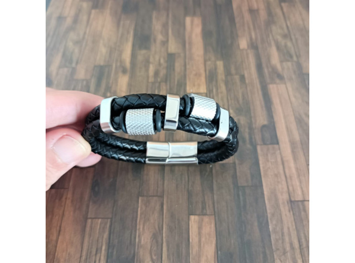 Bracelet cuir et acier inox homme 2 lanières