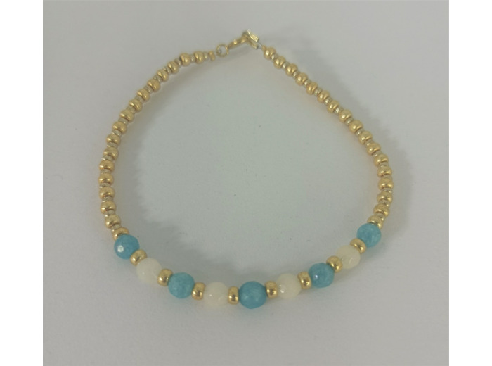 Bracelet Jade bleu/blanc et perles dorées