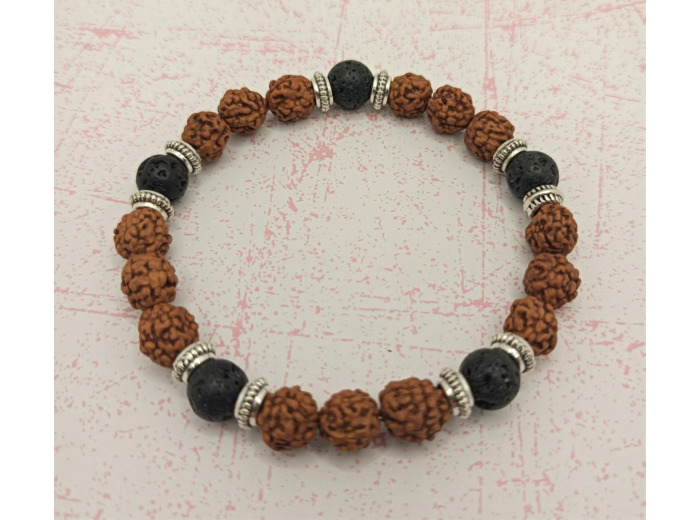Bracelet homme perles de noyer/pierre de lave argenté