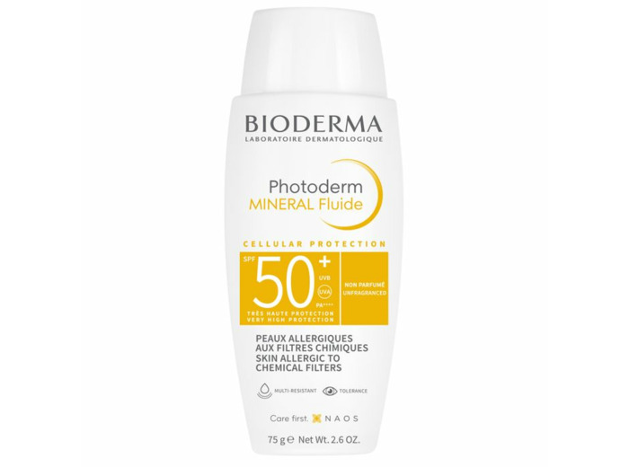 SPF 50+ pour les peaux allergiques aux filtres chimiques 75g Photoderm Mineral Fluide Bioderma