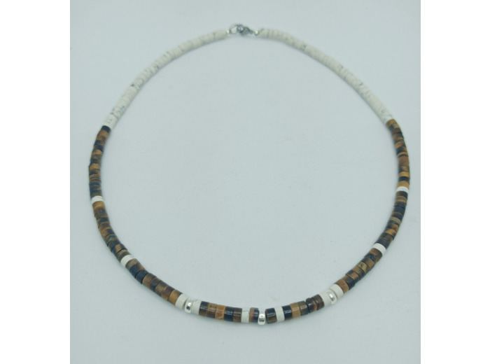Collier homme œil de tigre/turquoise blanc