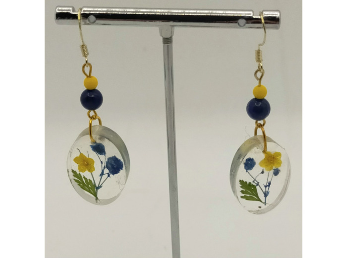 B.O. résine fleurs jaune/bleu, ovales #8