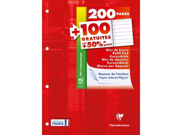 Bloc de cours 21x29,7 - 200 pages + 100 gratuites - Ligné + marge