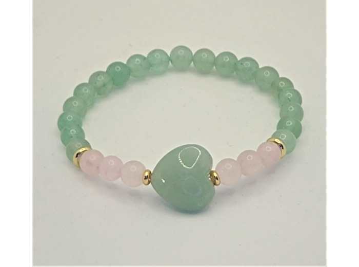 Bracelet aventurine verte/quartz rose doré cœur