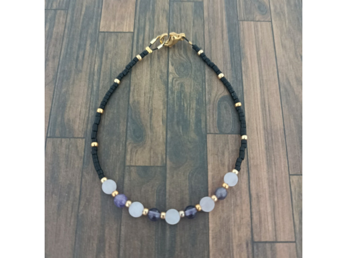 Bracelet améthyste/quartz rose/noir/doré