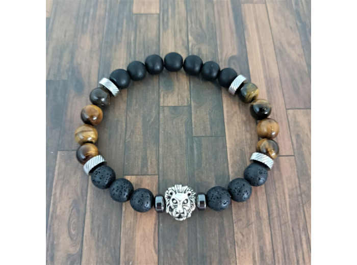 Bracelet homme agate noire/œil de tigre lion