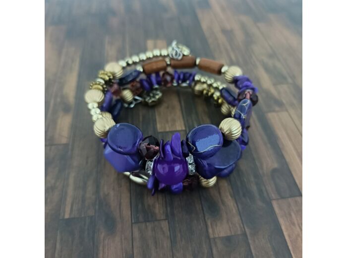 Bracelet multi-rangs violet/marron/doré