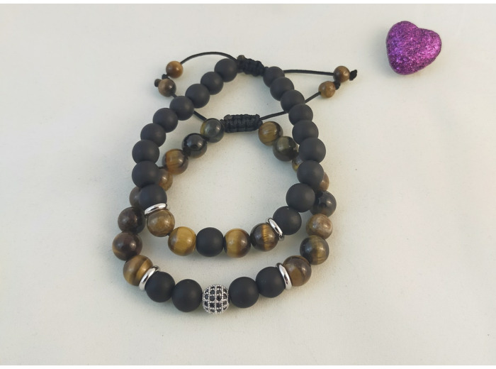 Bracelet couple perle argent agate noire/œil de tigre