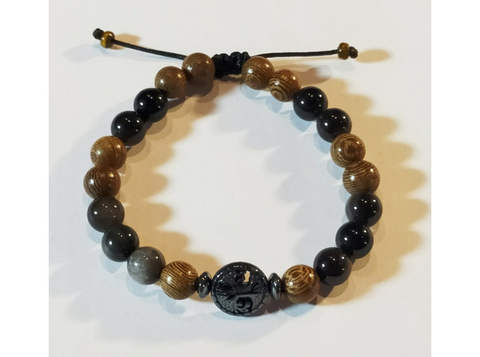 Perles en bois zébré, obsidienne, hématite, arbre de vie, ajustable