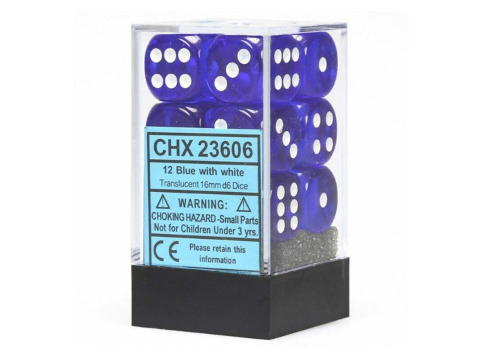 CHESSEX - Set de 12 dés 6 - TRANSPARENT - Bleu/Blanc