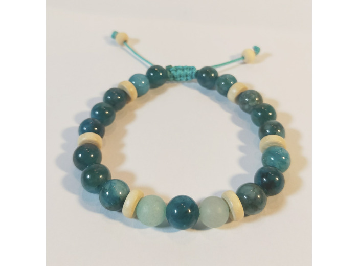 Apatite bleu, jade et bois, ajustable