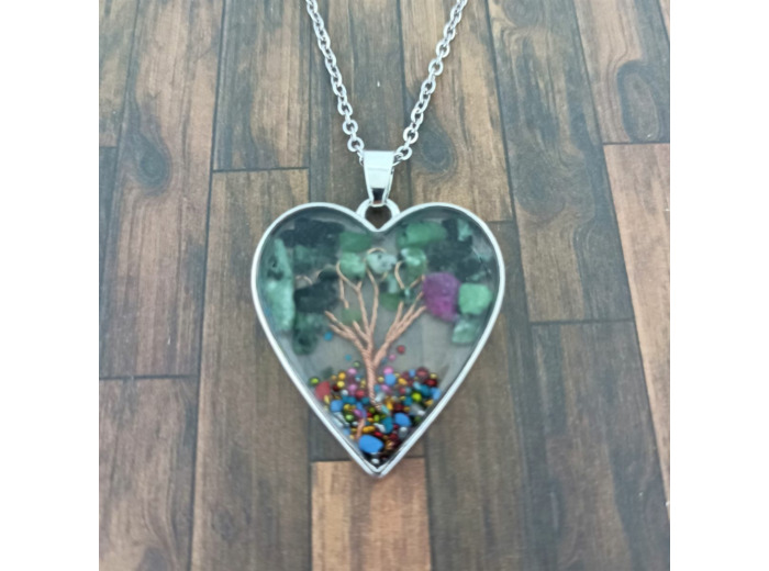 Pendentif arbre de vie résine/pierres naturelles cœur 4