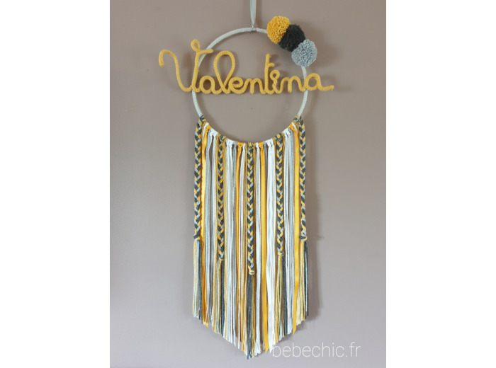 Attrape rêves prenom personnalisable jaune gris blanc
