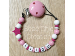 Attache sucette prénom personnalise, étoile Fuchsia, blanc et rose