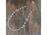 Collier long quartz rose/hématite acier inoxydable