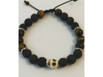 Bracelet ajustable pierre de lave / œil de tigre / tête de mort howlite blanche